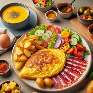 tortilla de patatas rodada de verduras, jamón, patatas y caldo